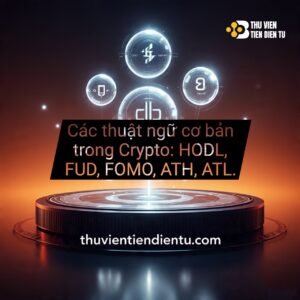 Hình ảnh tổng hợp các thuật ngữ Crypto phổ biến với phông nền công nghệ: HODL, FUD, FOMO, ATH, ATL.