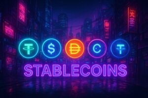 Hình minh họa stablecoin phong cách cyberpunk với các biểu tượng tiền điện tử phát sáng trong thành phố tương lai, thể hiện khái niệm đồng tiền kỹ thuật số ổn định giá trị.