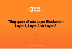 Hình minh hoạ tiêu đề bài viết “Tổng quan về các Layer Blockchain: Layer 1, Layer 2 và Layer 3” với nền màu cam, logo Thư Viện Tiền Điện Tử và thiết kế tối giản, hiện đại.