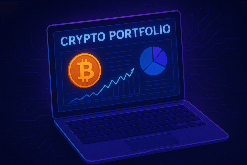 Hình minh hoạ danh mục đầu tư crypto (Crypto Portfolio) phong cách cyberpunk, hiển thị các đồng coin phổ biến như Bitcoin, Ethereum, BNB, Solana và USDT trên nền công nghệ tương lai với ánh sáng neon tím