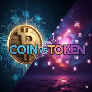 Bitcoin (Coin) đối lập với các biểu tượng mã thông báo (Token) trên nền kỹ thuật số, minh họa sự khác biệt giữa Coin và Token trong Crypto.