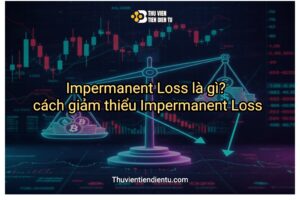 Ảnh minh họa Impermanent Loss với cán cân crypto và tiền fiat, nền biểu đồ giá, kèm tiêu đề Impermanent Loss là gì và cách giảm thiểu Impermanent Loss – Thuvientiendientu.com