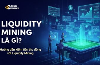 Ảnh bìa công nghệ cao, màu neon xanh tím, hiển thị một chuyên gia DeFi đang theo dõi nhiều màn hình giao dịch crypto phức tạp, với tiêu đề lớn "LIQUIDITY MINING LÀ GÌ?" nổi bật ở góc trái. của Thuvientiendientu.com