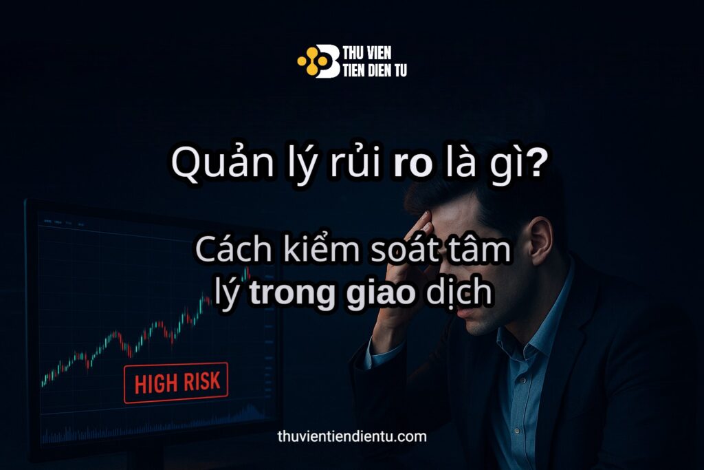 Người đàn ông đang trade crypto high risk trước nhiều màn hình biểu đồ, biểu tượng công nghệ cao, màu xanh lam và đỏ neon, thể hiện chủ đề quản trị rủi ro và kiểm soát tâm lý trong giao dịch tiền điện tử - thuvientiendientu.com
