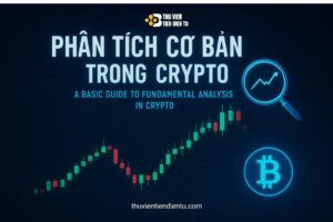 Hình minh họa công nghệ cao về phân tích cơ bản trong crypto với đồ thị, dữ liệu blockchain và biểu tượng tiền điện tử