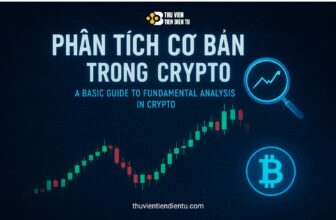Hình minh họa công nghệ cao về phân tích cơ bản trong crypto với đồ thị, dữ liệu blockchain và biểu tượng tiền điện tử