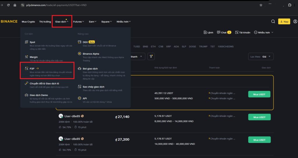 Vị trí mua p2p trên sàn Binance