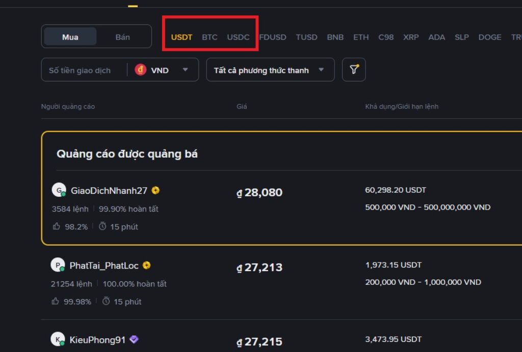 chọn loại coin muốn mua bán