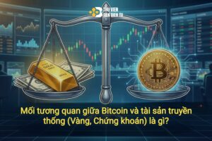 Hình minh họa mối tương quan giữa Bitcoin và tài sản truyền thống như vàng và chứng khoán, thể hiện bằng cán cân so sánh Bitcoin với vàng, tiền mặt và biểu đồ thị trường tài chính phía sau, kèm logo Thuvientiendientu.com.