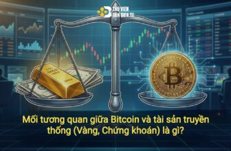 Hình minh họa mối tương quan giữa Bitcoin và tài sản truyền thống như vàng và chứng khoán, thể hiện bằng cán cân so sánh Bitcoin với vàng, tiền mặt và biểu đồ thị trường tài chính phía sau, kèm logo Thuvientiendientu.com.