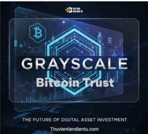 Ảnh minh họa Grayscale Bitcoin Trust với nền công nghệ blockchain màu xanh, biểu tượng Bitcoin và đồ thị tài chính, tiêu đề Grayscale Bitcoin Trust hiển thị nổi bật – dùng cho bài viết về vai trò của GBTC trong thị trường crypto. của website thuvientiendientu.com