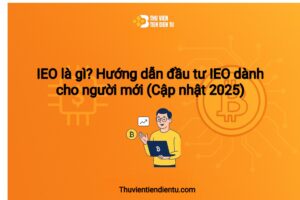 Ảnh minh họa bài viết IEO là gì và hướng dẫn đầu tư IEO dành cho người mới, nền cam, biểu tượng Bitcoin, nhân vật đang cầm laptop phân tích crypto kèm logo Thuvientiendientu.com.