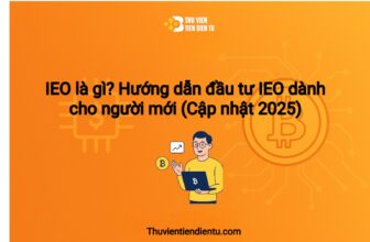 Ảnh minh họa bài viết IEO là gì và hướng dẫn đầu tư IEO dành cho người mới, nền cam, biểu tượng Bitcoin, nhân vật đang cầm laptop phân tích crypto kèm logo Thuvientiendientu.com.