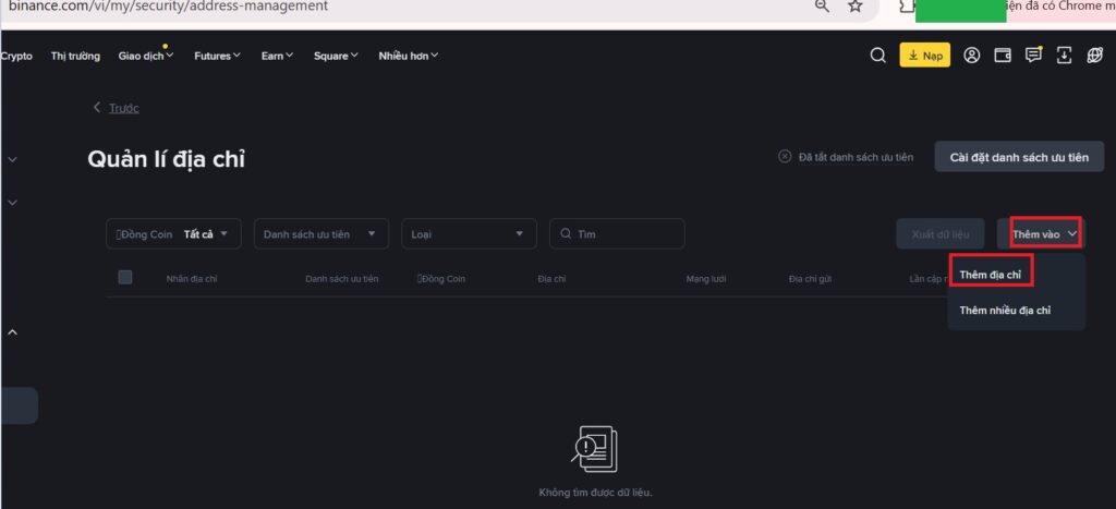 bảo mật tài khoản Binance bằng cách Quản lý các địa chỉ được rút tiền của bạn trên sàn Binance