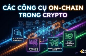 Ảnh minh họa các công cụ On-Chain trong Crypto, bao gồm Blockchain Explorers, Analytics Platforms và Smart Contract Audit, với nền tối và hiệu ứng ánh sáng neon, kèm logo Thuvientiendientu.com.