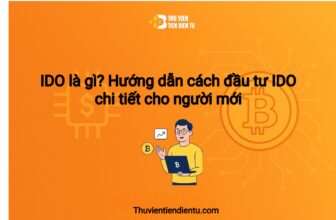 Ảnh minh họa IDO là gì và hướng dẫn đầu tư IDO, thiết kế phong cách công nghệ blockchain với biểu tượng token, biểu đồ giá và hiệu ứng ánh sáng hiện đại, kèm logo Thuvientiendientu.com.