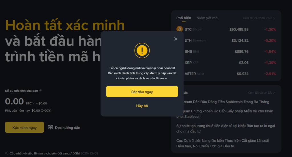 Binance chặn nhiều tính năng đối với những người không KYC