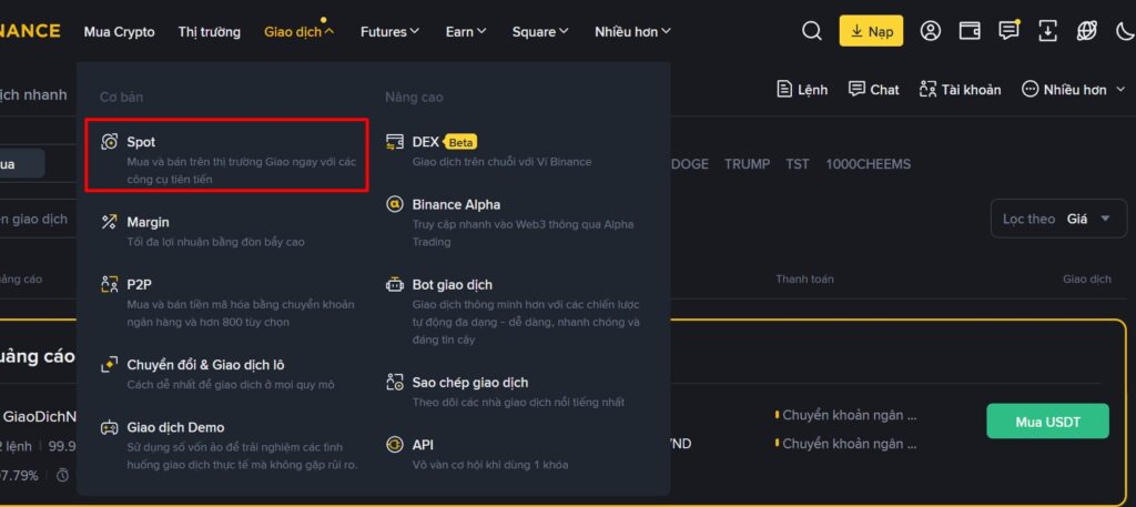 Chọn mục spot trên giao diện sàn Binance để mua ETH