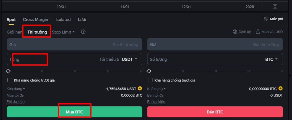 Cách đặt lệnh spot mua bitcoin