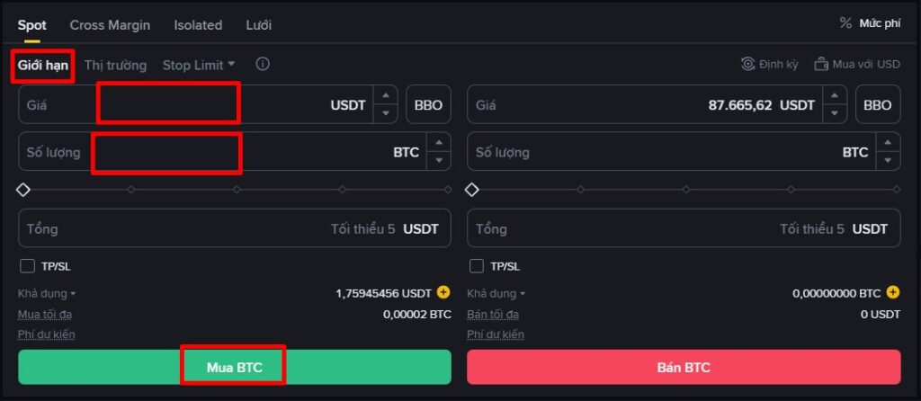 Cách đặt lệnh giới hạn mua Bitcoin