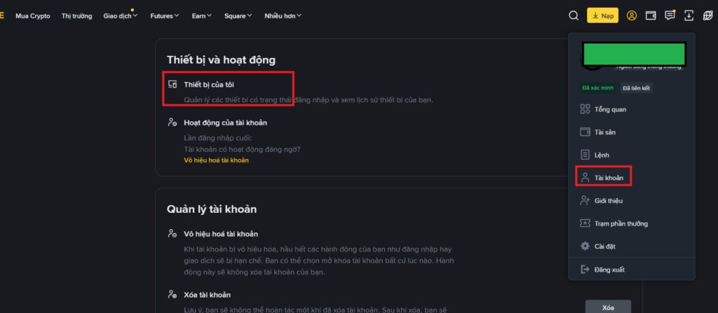 quản lí thiết bị đăng nhập tài khoản Binance