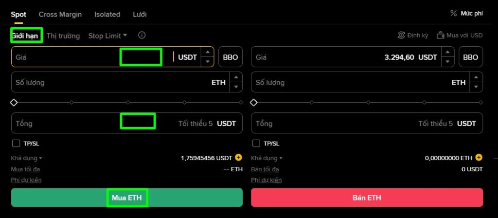 đặt lệnh giới hạn mua ETH