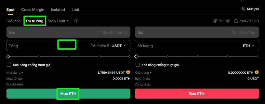 đặt lệnh mua ETH