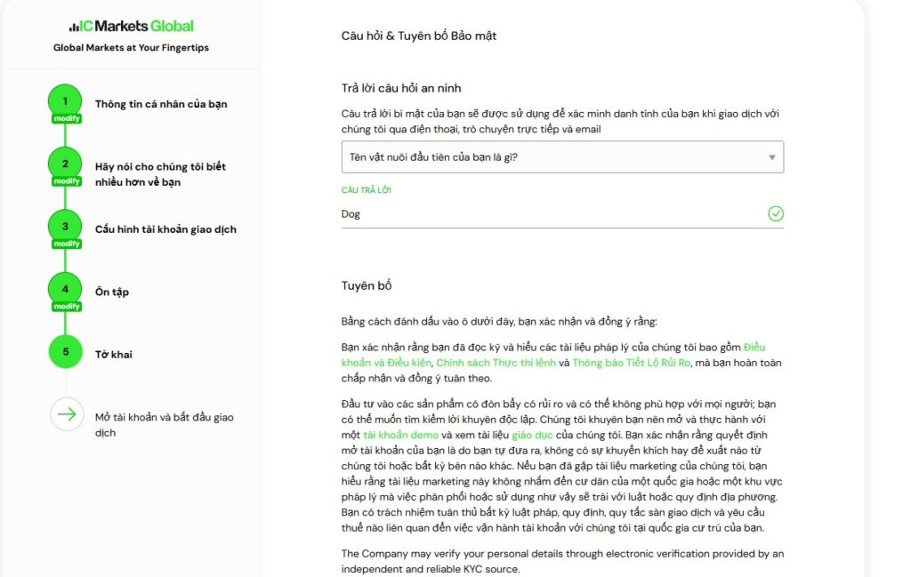 điền câu hỏi bảo mật khi tạo tài khoản sàn Icmarkets
