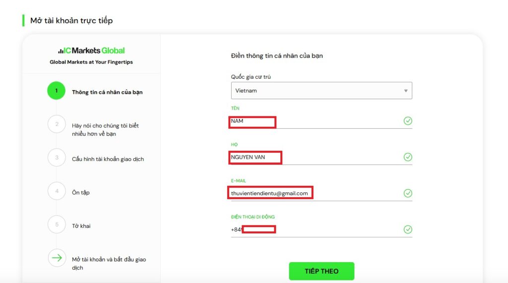 điền thông tin mở tài khoản sàn IC Markets