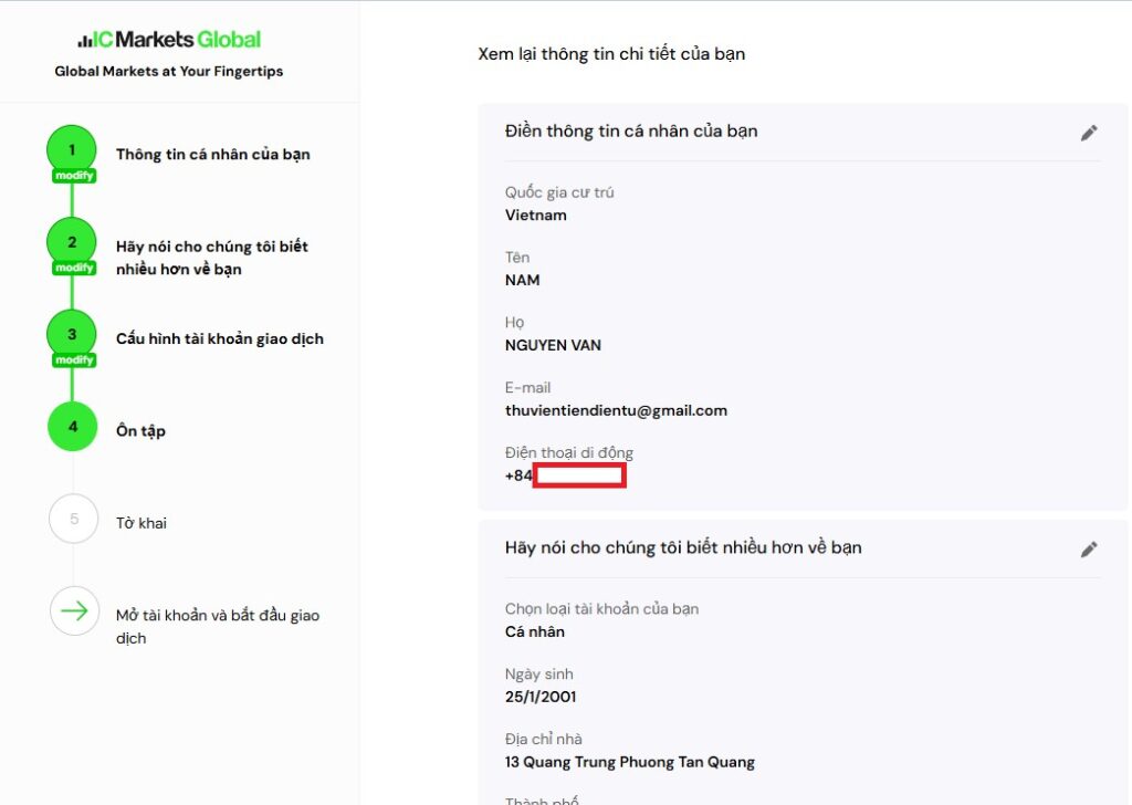 kiểm tra lại thông tin dùng mở tài khoản sàn ICmarkets