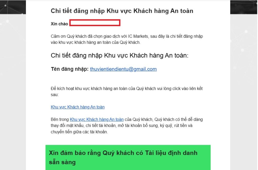 Email sàn IC Markets gửi đến sau khi bạn đăng kí tài khoản