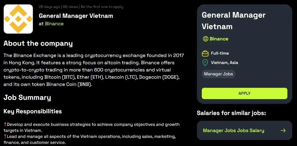 Binance tìm CEO tại Việt Nam
