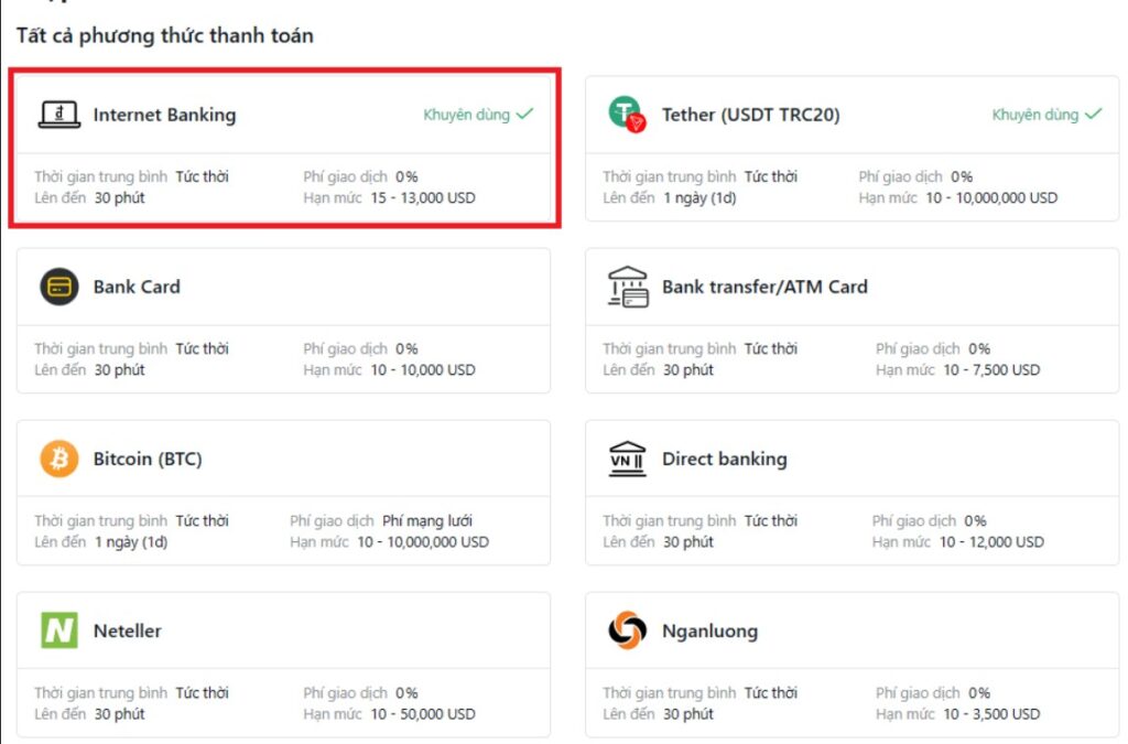 Nạp tiền qua Internet Banking, ví điện tử tại sàn Exness