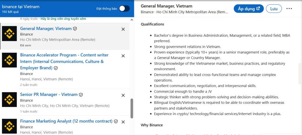 yêu cầu cho vị trí CEO Việt Nam mà Binance đang tuyển dụng